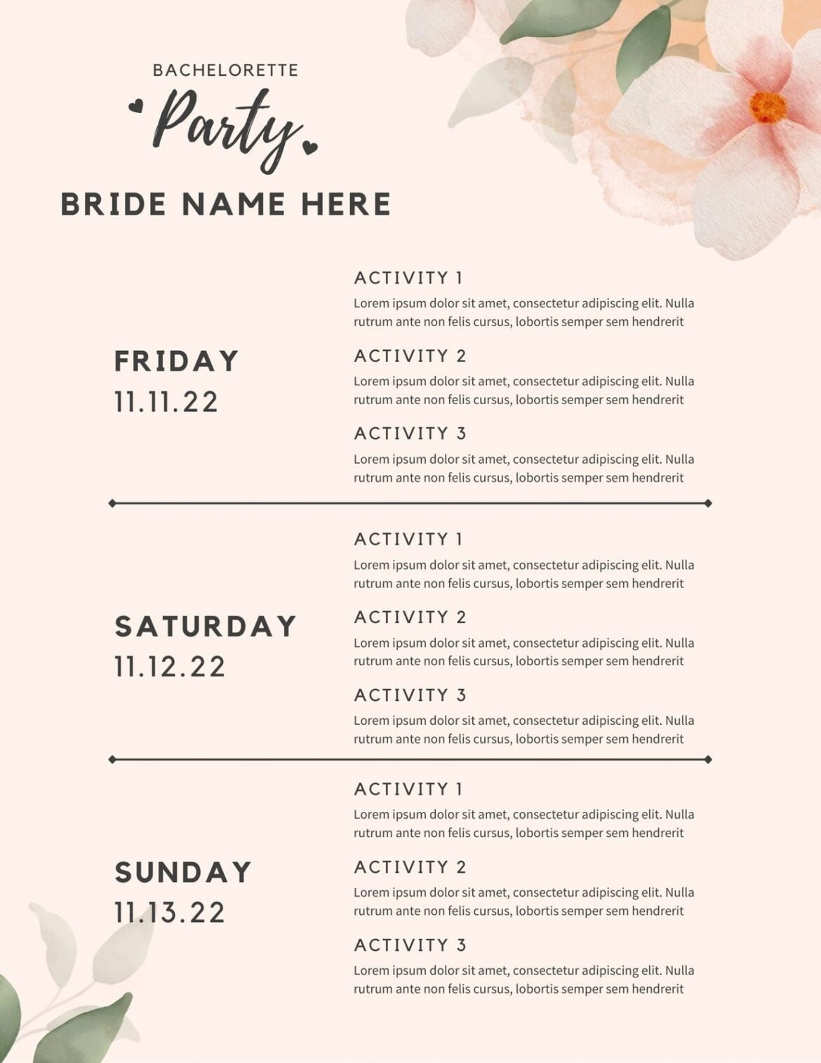 Travel Planning Bachelorette Itinerary Template